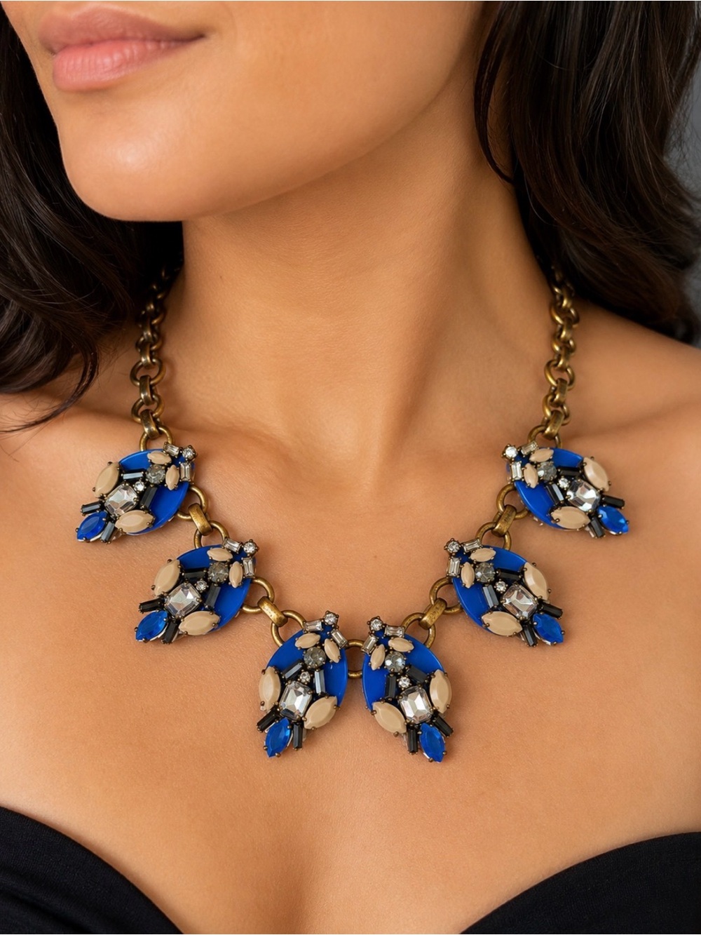 J.Crew Blue Resin Rhinestone Chunky Statement Necklace Y2K